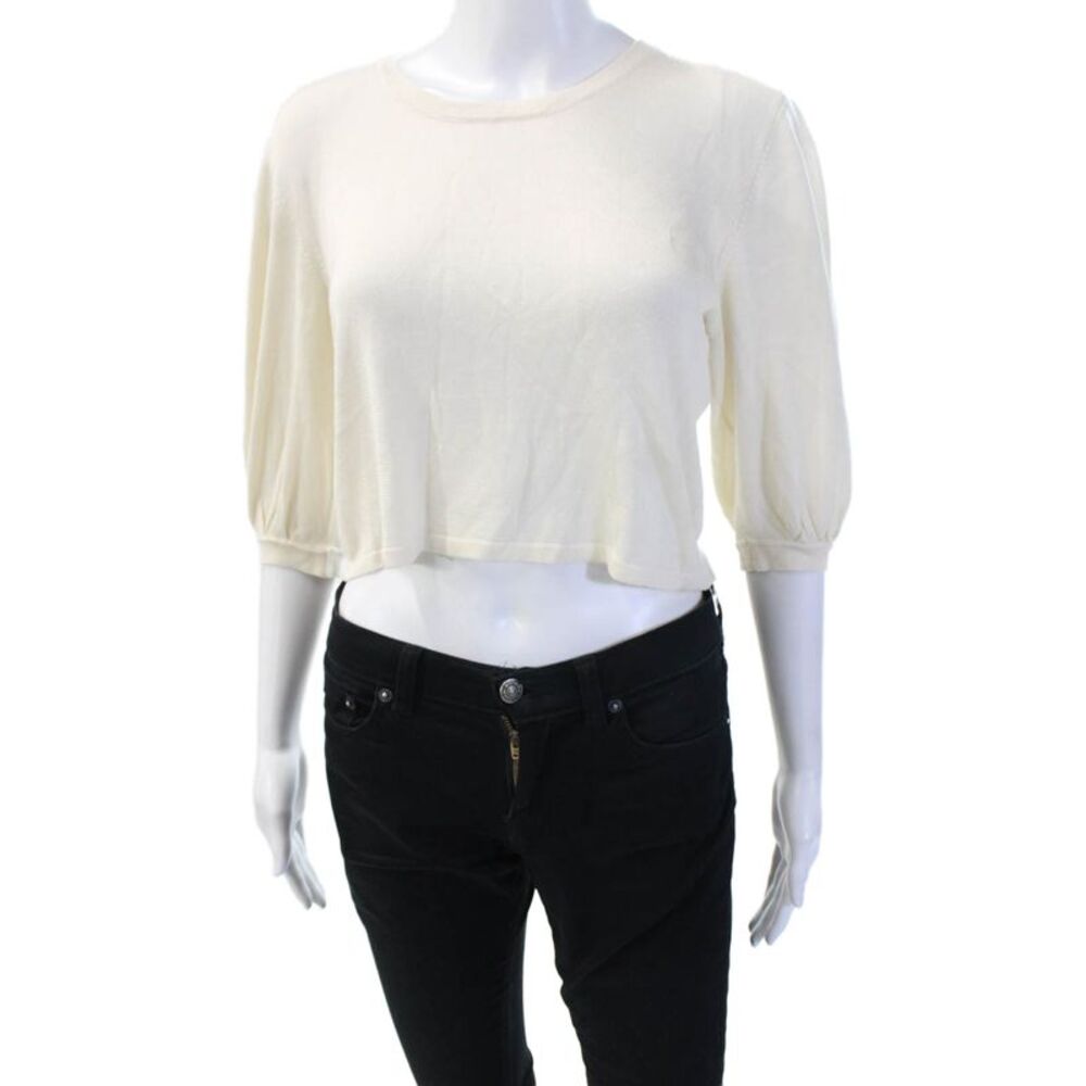Hesperios Womens Cropped Blouse Beige Cotton Crew Neck 3/4 Sleeve Size S